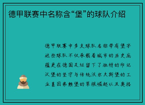 德甲联赛中名称含“堡”的球队介绍