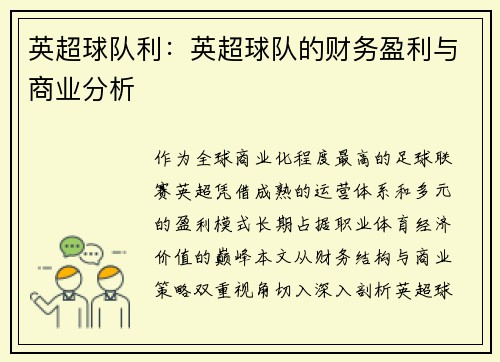 英超球队利：英超球队的财务盈利与商业分析